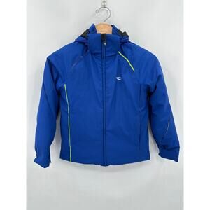Kjus Boys Formula Jacket Size Large US 8 EU128 Removable Hood Blue Lime Recco